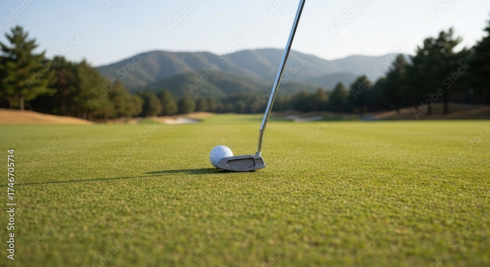 Obraz premium Golf ball ready for putt on green, mountains & trees blurred background