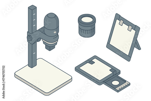 Photo Lab Tools. Isometric vector illustration set Enlarger and Print Tools: photo enlarger with height adjustment, easel holding