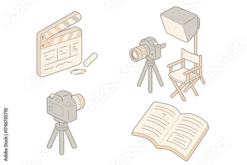 Film Production Essentials. Isometric vector illustration set Slating for Short Film Production: compact clapperboard with