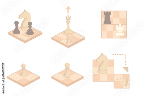 Chess Tactics Diagrams. Isometric vector illustration set Chess Tactics and Moves: knight fork diagram, pawn promotion scene,