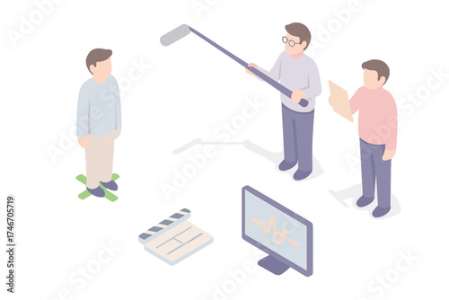 Dialogue Recording Scene. Isometric vector illustration set Dialogue Recording Setup: actor marked on floor, boom mic held above,