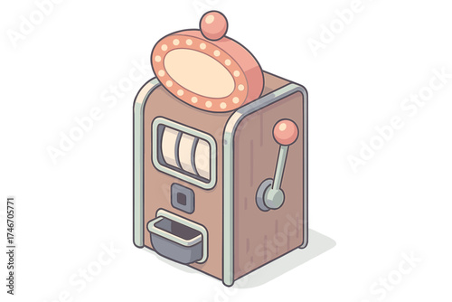 Retro Slot Machine. Isometric vector illustration set Retro Slot Machine Design: wooden slot casing with chrome trim, mechanical