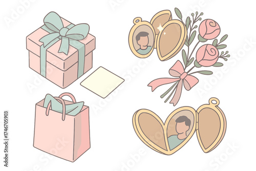 Pastel Locket Gift Display. Isometric vector illustration set Locket Gift and Keepsake Display: ribbon-wrapped locket box,