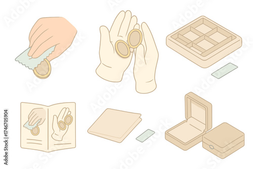 Locket Care Icons. Isometric vector illustration set Locket Maintenance and Preservation: microfiber cloth cleaning locket surface