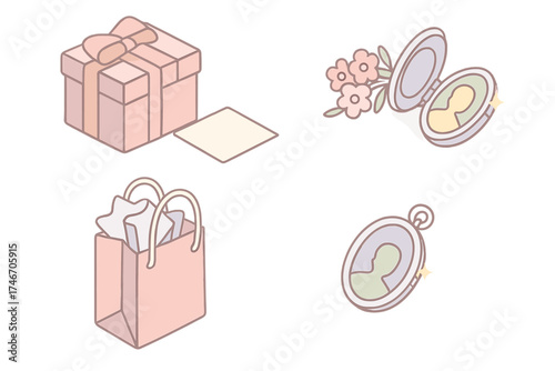 Pastel Locket Gift Display. Isometric vector illustration set Locket Gift and Keepsake Display: ribbon-wrapped locket box,