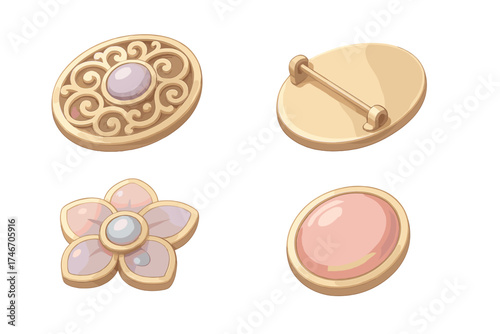 Antique Brooch Details. Isometric vector illustration set Antique Brooch Close-Ups: textured gold filigree, clasp and pin hinge