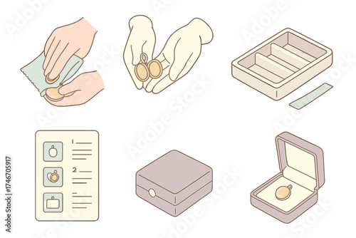 Locket Care Icons. Isometric vector illustration set Locket Maintenance and Preservation: microfiber cloth cleaning locket surface
