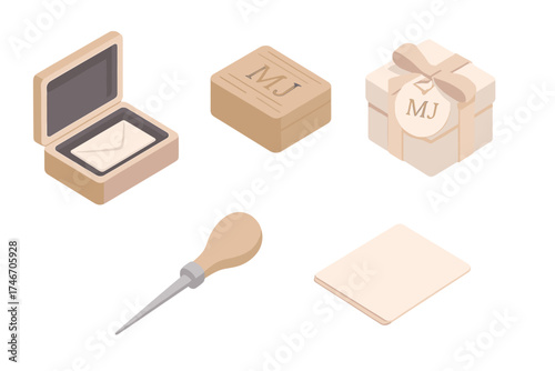 Custom Engraved Gift Box. Isometric vector illustration set Custom Engraved Gift Box: wooden lid with burned-in initials,