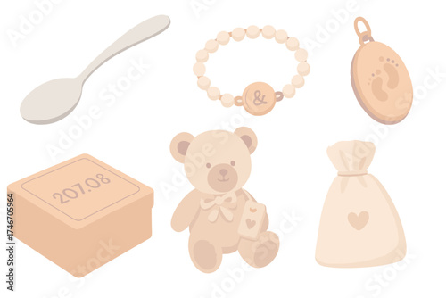 Personalized Baby Keepsakes. Isometric vector illustration set Baby Gift Personalized Keepsakes: silver spoon with engraved name,