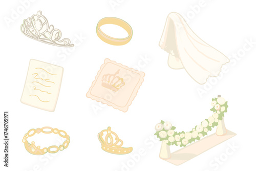 Royal Wedding Symbols. Isometric vector illustration set Royal Wedding Elements and Symbols: tiara beside gold wedding band,
