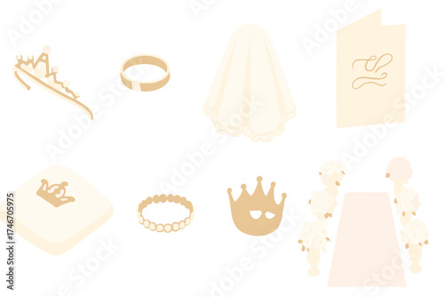 Royal Wedding Symbols. Isometric vector illustration set Royal Wedding Elements and Symbols: tiara beside gold wedding band,