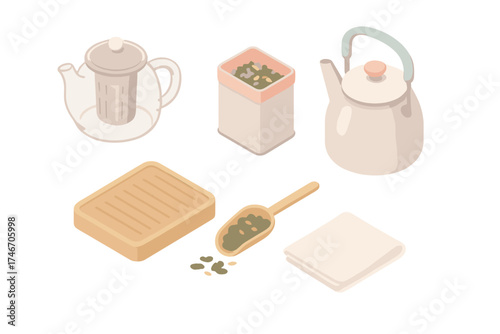 Tea Brewing Essentials. Isometric vector illustration set Tea Brewing Essentials: teapot with removable filter, tin of dried