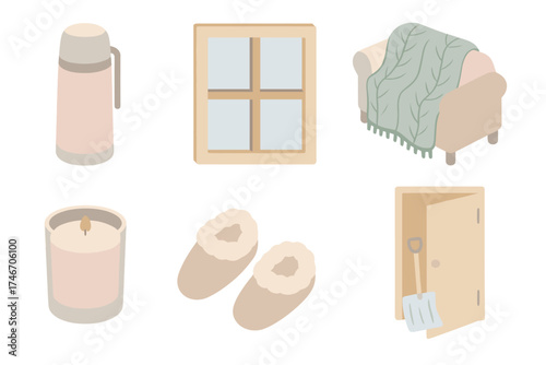 Snowy Day Comforts. Isometric vector illustration set Snow Day Relaxation: hot beverage thermos, window with snowflakes, knit