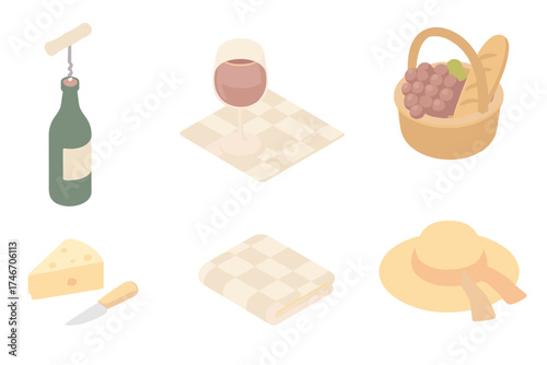 Picnic Essentials Isometric Illustration. Isometric vector illustration set Picnic Celebration: corkscrew with open bottle, wine