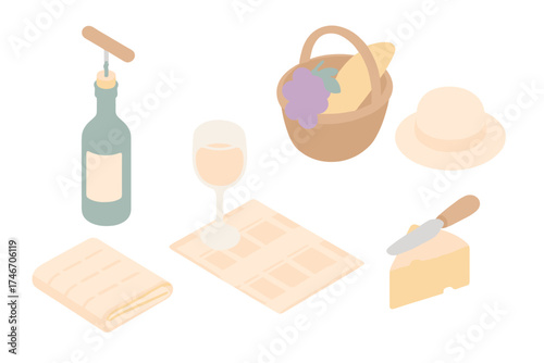 Picnic Essentials Isometric Illustration. Isometric vector illustration set Picnic Celebration: corkscrew with open bottle, wine
