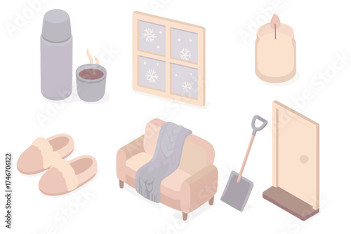 Snowy Day Comforts. Isometric vector illustration set Snow Day Relaxation: hot beverage thermos, window with snowflakes, knit