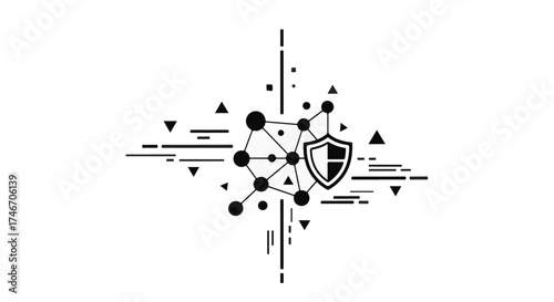 Abstract digital network with a protective shield symbolizing cybersecurity and data protection