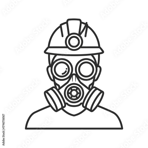 Worker wearing protective gear with helmet and gas mask for safety.