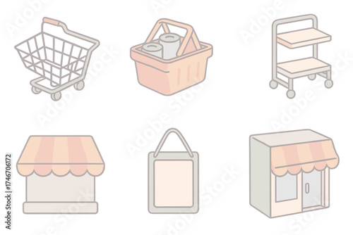 Isometric Urban Corner Store. Isometric vector illustration set Urban Corner Store: compact shopping cart, basket with canned food