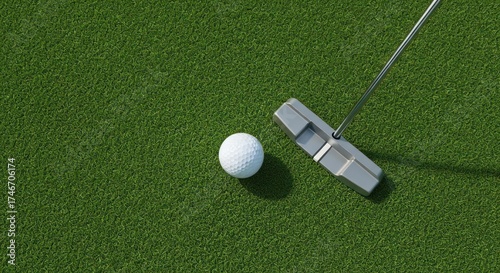 Golf ball sits next to putter on green, ready to be struck