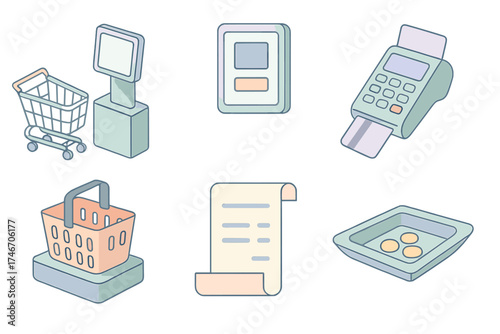 Self-Checkout Zone Icons. Isometric vector illustration set Self-Checkout Zone: shopping cart at kiosk, digital screen interface,
