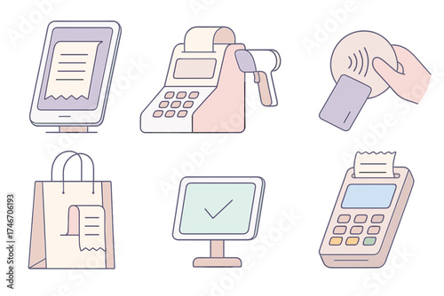 Modern Checkout Icons. Isometric vector illustration set Modern Checkout Experience: digital receipt on screen, compact register