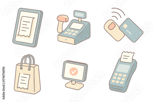 Modern Checkout Icons. Isometric vector illustration set Modern Checkout Experience: digital receipt on screen, compact register