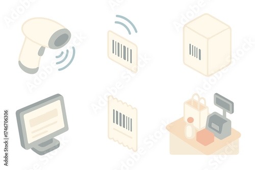 Point of Sale Icons. Isometric vector illustration set Point of Sale Scanning: barcode reader near register, beep wave icon,