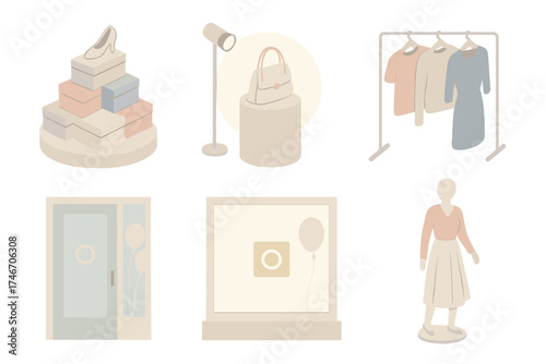 Retail Display Concepts. Isometric vector illustration set Retail Display Strategies: product pyramid on risers, spotlighted hero