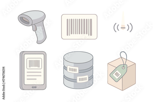 Barcode Technology Isometric Set. Isometric vector illustration set Barcode Technology Components: laser barcode scanner, linear