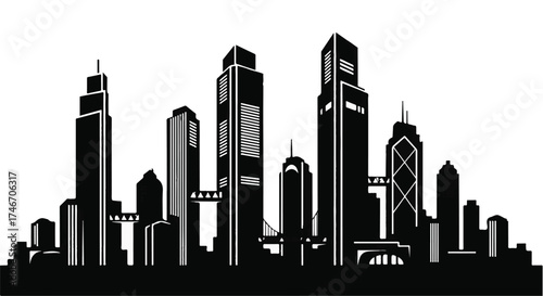 Sleek modern cityscape silhouette with towering skyscrapers and connecting skybridges