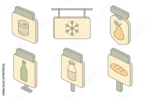 Supermarket Sign Illustrations. Isometric vector illustration set Supermarket Category Signs: aisle sign with canned goods icon,