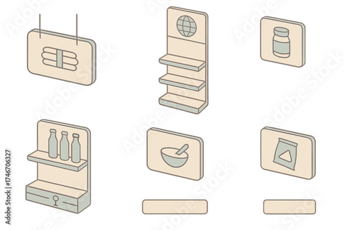 Isometric Store Signage. Isometric vector illustration set Shelf Zone Identification: hanging panel for pasta section, labeled