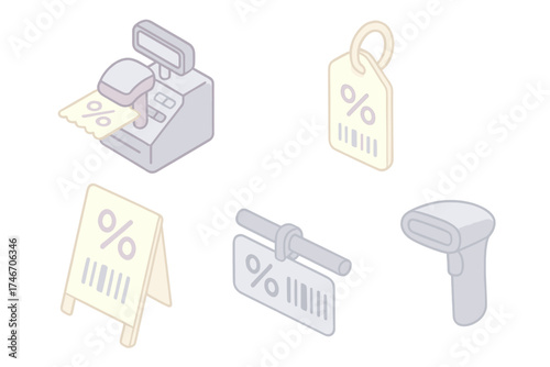 In-Store Coupon Icons. Isometric vector illustration set In-store Coupon Features: cash register scanning coupon, savings barcode