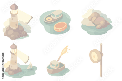 Lighthouse Rescue Scene. Isometric vector illustration set Lighthouse and Rescue Scene: illuminated lighthouse in storm fog, life