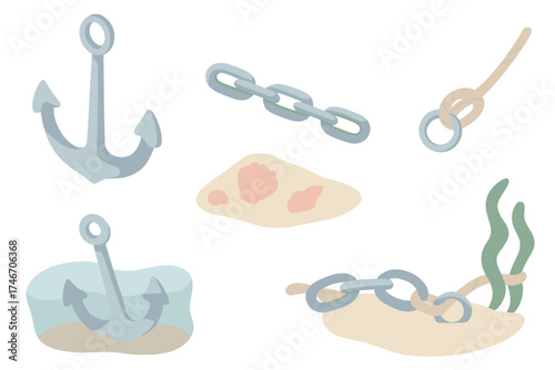 Underwater Anchor Elements. Isometric vector illustration set Maritime Anchor Components: heavy anchor with curved arms, iron
