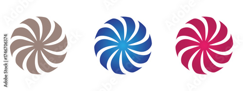 Set of three round, stylized fan icons in different colors, representing air circulation, cooling, or rotational motion, suitable for web or graphic design.