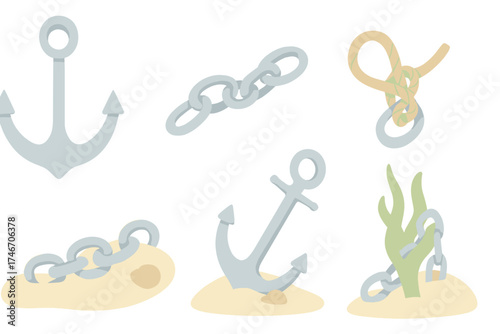 Underwater Anchor Elements. Isometric vector illustration set Maritime Anchor Components: heavy anchor with curved arms, iron