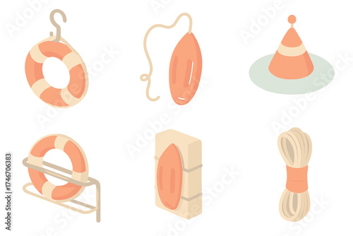 Emergency Floatation Devices. Isometric vector illustration set Emergency Floatation Devices: classic ring buoy on hook, line