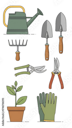 Gardening tools for springtime planting, watering can, shovels, clippers, rake, plant, gloves