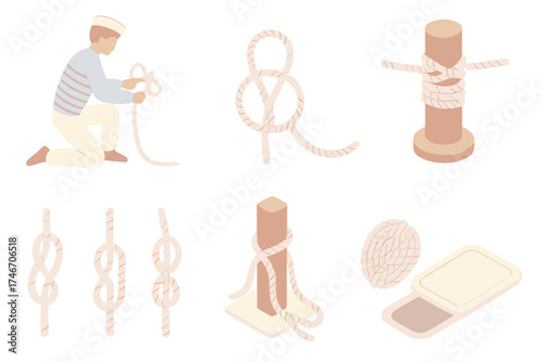 Seamanship Knot Practice. Isometric vector illustration set Seamanship Knot Practice: sailor demonstrating knot step, rope laid