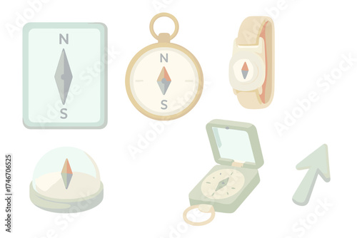 Direction Finder Icons. Isometric vector illustration set Direction Finding Equipment: digital compass display on screen, analog