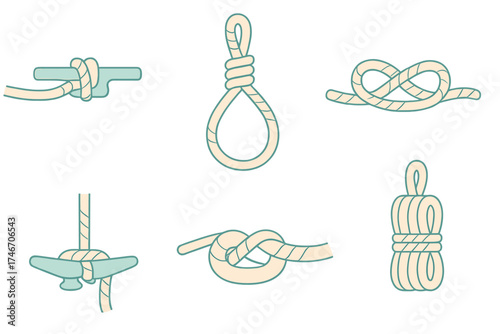 Nautical Rope Techniques. Isometric vector illustration set Nautical Rope Techniques: sailor's rope with rolling hitch, decorative