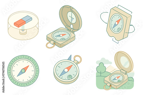 Compass Mechanics Illustrated. Isometric vector illustration set Compass Mechanics Explained: internal view of compass magnet,