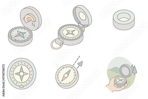 Compass Mechanics Illustrated. Isometric vector illustration set Compass Mechanics Explained: internal view of compass magnet,