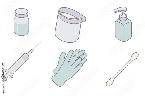 Vaccination Essentials Icons. Isometric vector illustration set of vaccination and prevention: vaccine vial, syringe needle,