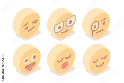 Pastel Emoji Faces. Isometric vector illustration set of simple emoji faces: smug half smile, nerd glasses, monocle serious, silly