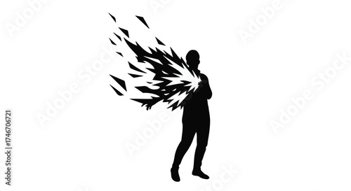 Silhouette of a person with a fragmented, dark wing dissolving into abstract shapes.
