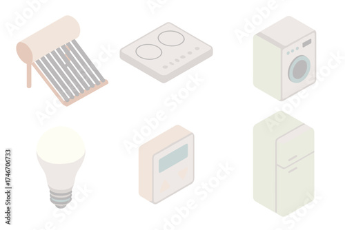 Sustainable Energy Household Icons. Isometric vector illustration set of sustainable energy household items: solar water heater,