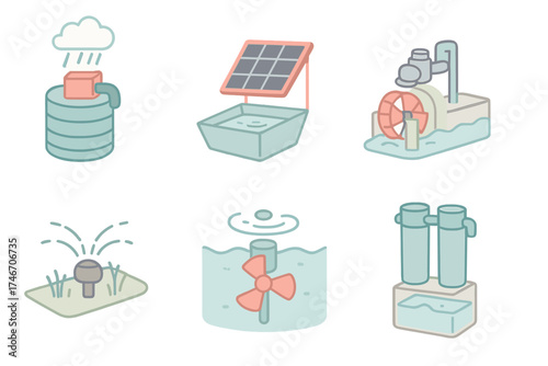 Sustainable Water Technologies. Isometric vector illustration set of sustainable water technology: rainwater harvesting tank,
